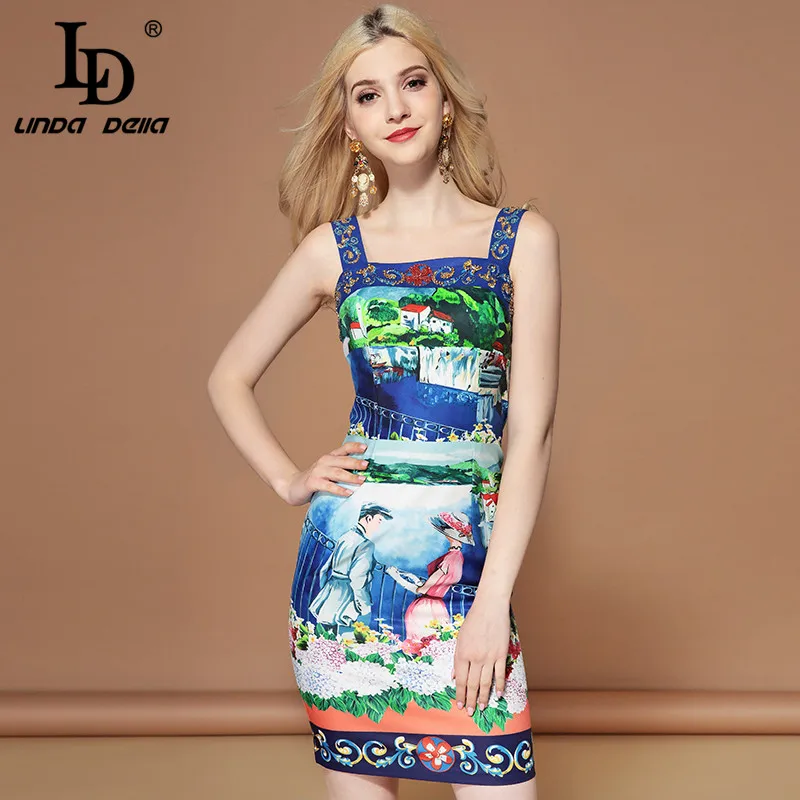

LD LINDA DELLA 2019 Fashion Runway Summer Dress Women's Spaghetti Strap Crystal Beading Print Casual Holiday Mini Short Dress