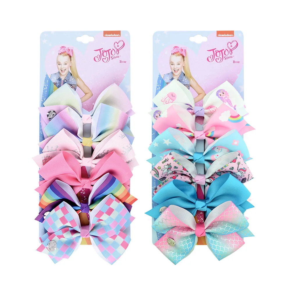 

6 Pieces/Set JoJo Bows Jojo Siwa Rainbow Printed Knot Ribbon Bow For Girls Handmade Boutique Hair Clip Children Hair Accessories