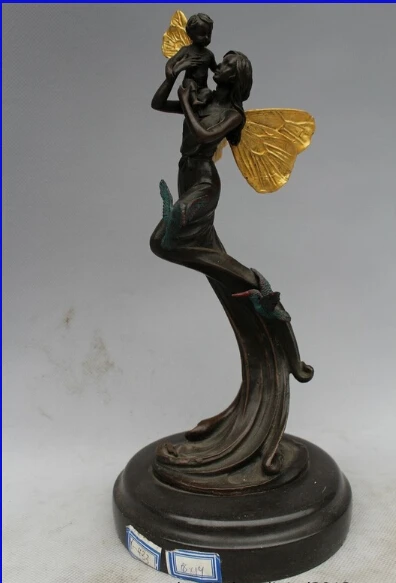 

free 10"Western Art sculpture Bronze Marble Lucky Angell Girl Boy Bird Statue fast