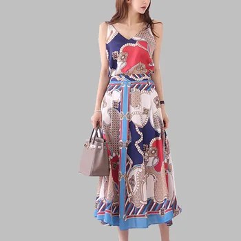 

HAMALIEL Elegant Summer 2 Piece Set Women Spaghetti Strap Pint Flower Crop Tops + Fashion Big Swing Long Party Beach Skirts Set