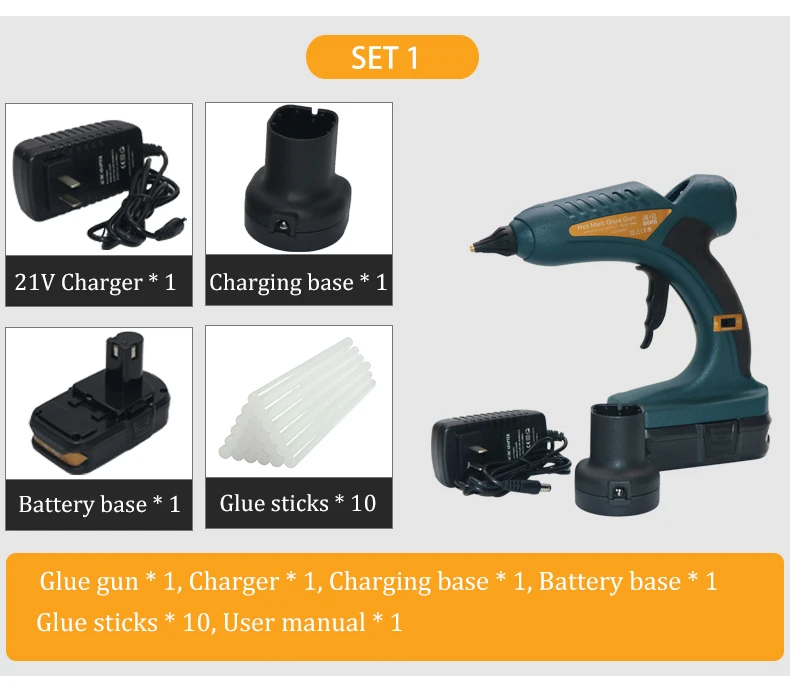 Беспроводной 60 Вт 12 В термоплавкий клеевой пистолет перезаряжаемый 18 в 1.5Ah литиевая батарея для DIY работы по дереву на открытом воздухе 11 мм клеевые палочки 10 шт - Цвет: SET 1