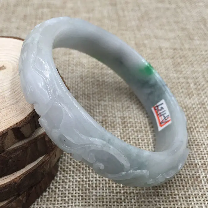 

62mm Vintage Chinese Hand-carved White Green Jadeite Jade Bracelet Bangle 1139
