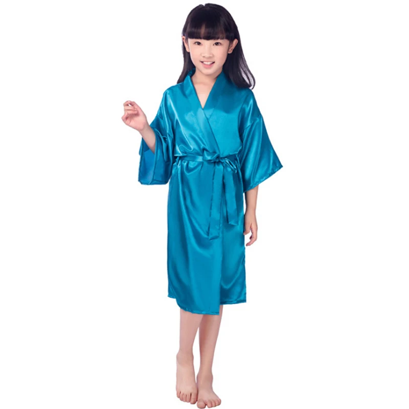 Новые однотонные девушки пятностойкий шёлк халаты 6 видов цветов, кимоно, широкая одежда Свадебная банный халат для детей Рождественская Пижама комплект ночного белья для детей, головной убор+ пояс ночная рубашка