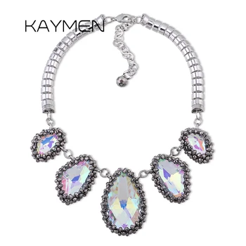 

KAYMEN Luxury Handmade Small Beads Knitting 3 Big Crystals Necklace for Women Silver Plated Chokers Necklace Pendant Jewelry