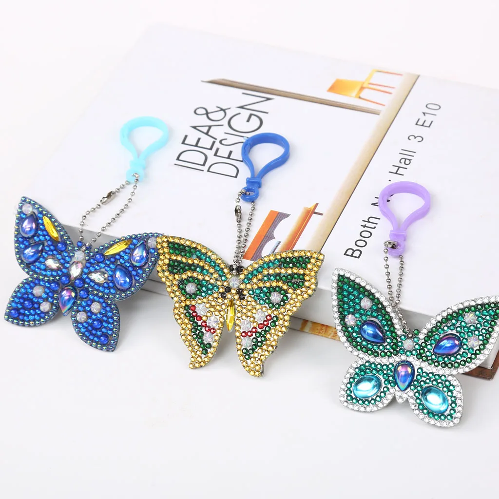 

2/3Pcs DIY Crystal Pattern Diamond Embroidery Butterfly 5D Diamond Painting Key Chain Round Diamond Sticker Double Sided Decor