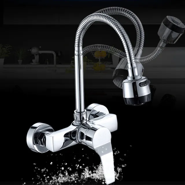 wall mounted kitchen faucet wall kitchen mixers kitchen sink tap 360 degree swivel flexible hose double holes - Kitchen Mixers wall mounted kitchen faucet wall kitchen mixers kitchen sink tap 360 degree swivel flexible hose double holes - Kitchen Mixers