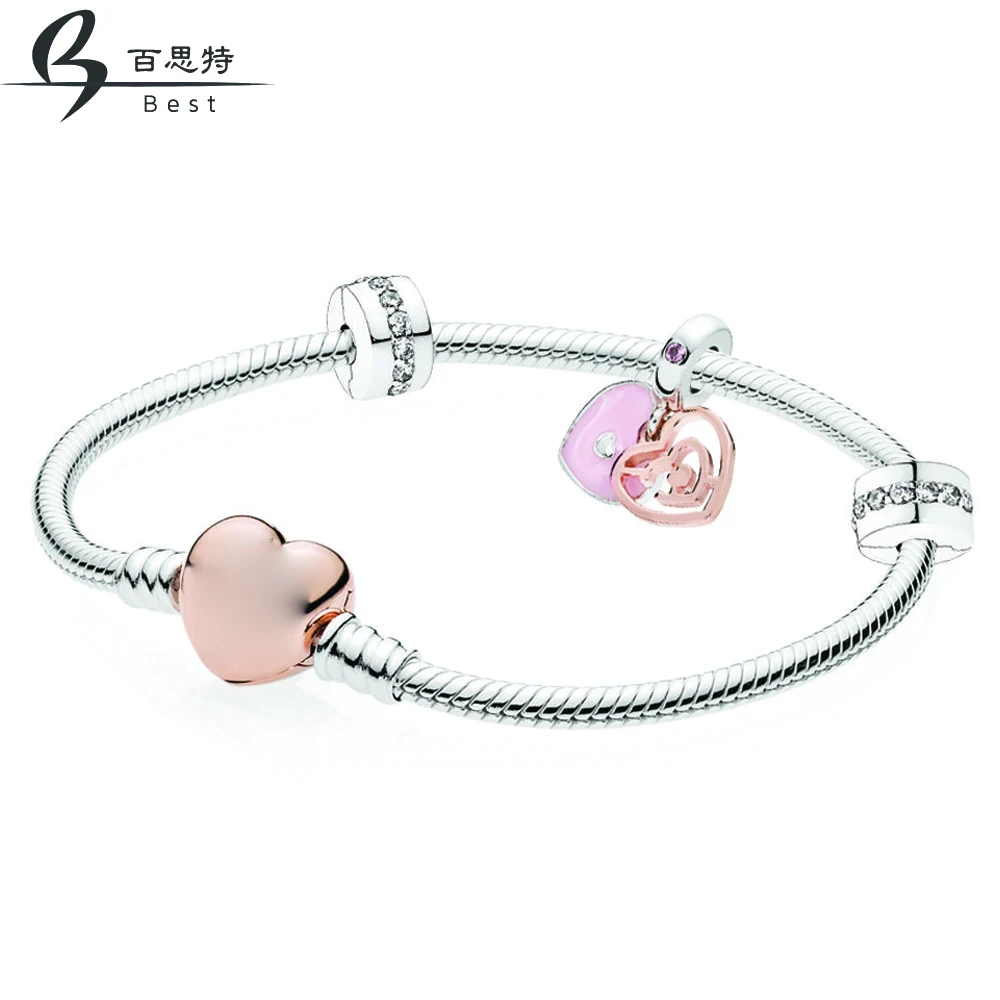 

BEST 100% 925 Sterling Silver Romantic Valentine's Day B801090 Labyrinth Double Heart Bracelet Gift Set Elegant Jewelry