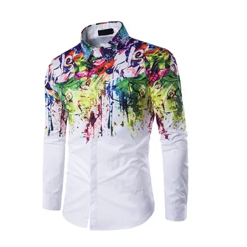 

Mens Summer Shirt Long Sleeve Slim Casual Fit 3D Splashing Ink Camisas Shirt Men Petticoat Print Office Business Travel Shirtl