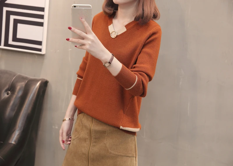 Высококачественный вязаный свитер пуловер осенний свитер женский топ v-образный вырез Повседневный пуловер femme плюс размер длинный рукав джемпер