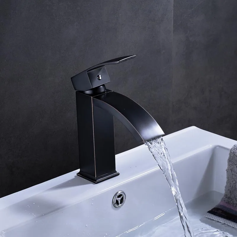 Черный смеситель для раковины на бортике, водопад, квадратный кран для раковины в ванной, однорычажный латунный Смеситель для горячей и холодной воды