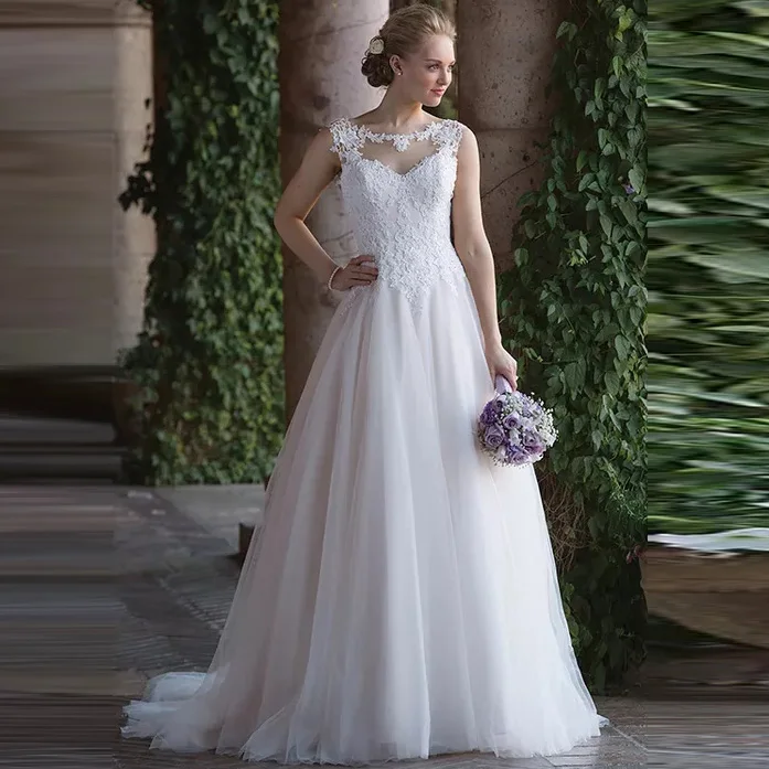 

Princess Boho Simple Elegant A Line Wedding Dress Sheer O Neck Sleeveless Tulle Appliqued Train Bridal Gown Free Shipping