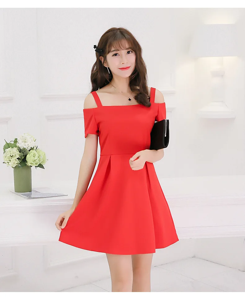 Корейское летнее платье, женская одежда, милое платье с коротким рукавом, модное платье с вырезом лодочкой и тонкими лямками, белое, черное, красное платье Vestidos