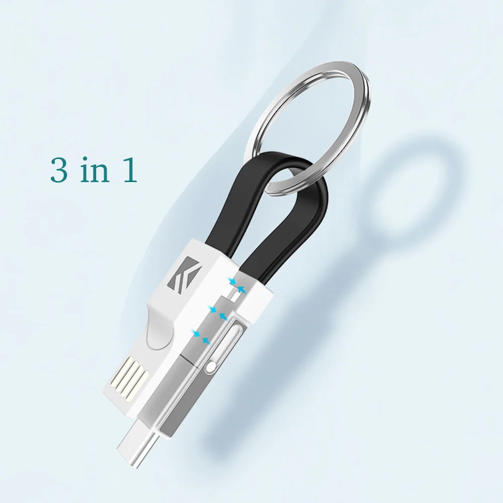 

3 in 1 USB Cable Micro USB Type C Cable Portable Key For iPhone Xs Max 8 7 Plus Samsung 2A Mini Keychain Charger Charging Cable