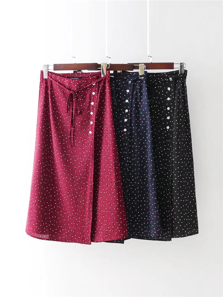 Magiray Harajuku Женская юбка миди в горошек с разрезом сбоку, лето, сексуальная юбка на пуговицах, а-силуэт, с поясом, пляжная юбка с высокой талией, C283