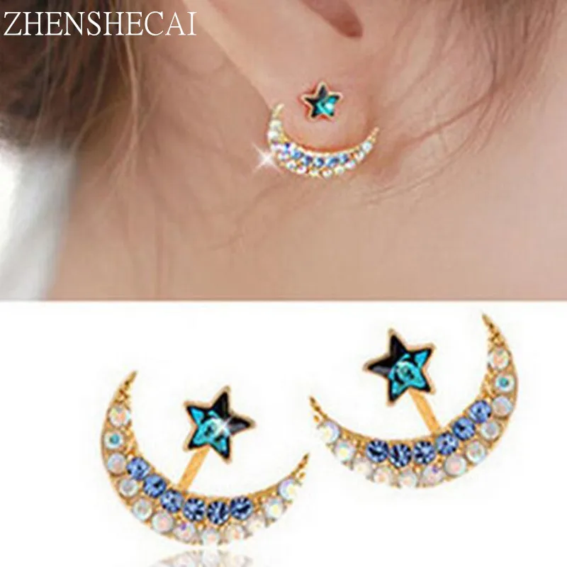 

New blue crystal rhinestone star and moon earrings pentacle pendant stud earrings for women fashion Jewelry Wholesale e0288