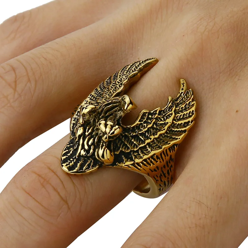 Valily Jewelry Mens Ring Ride Eagle Motorcycle Ring Stainless Steel Classic Punk Biker Gold Ring Animal for Men Gold bague homme