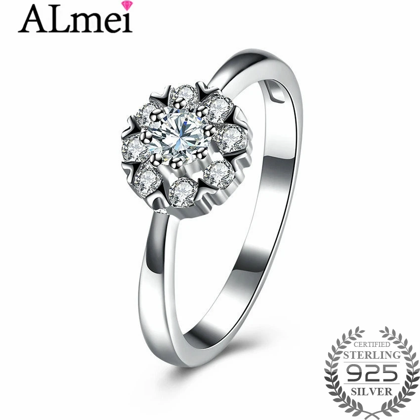 Almei 2018 натуральная 925 пробы серебряные круглые Форма блеск ясно CZ цветок палец кольца для Для женщин кольцо Fine Jewelry SVR127