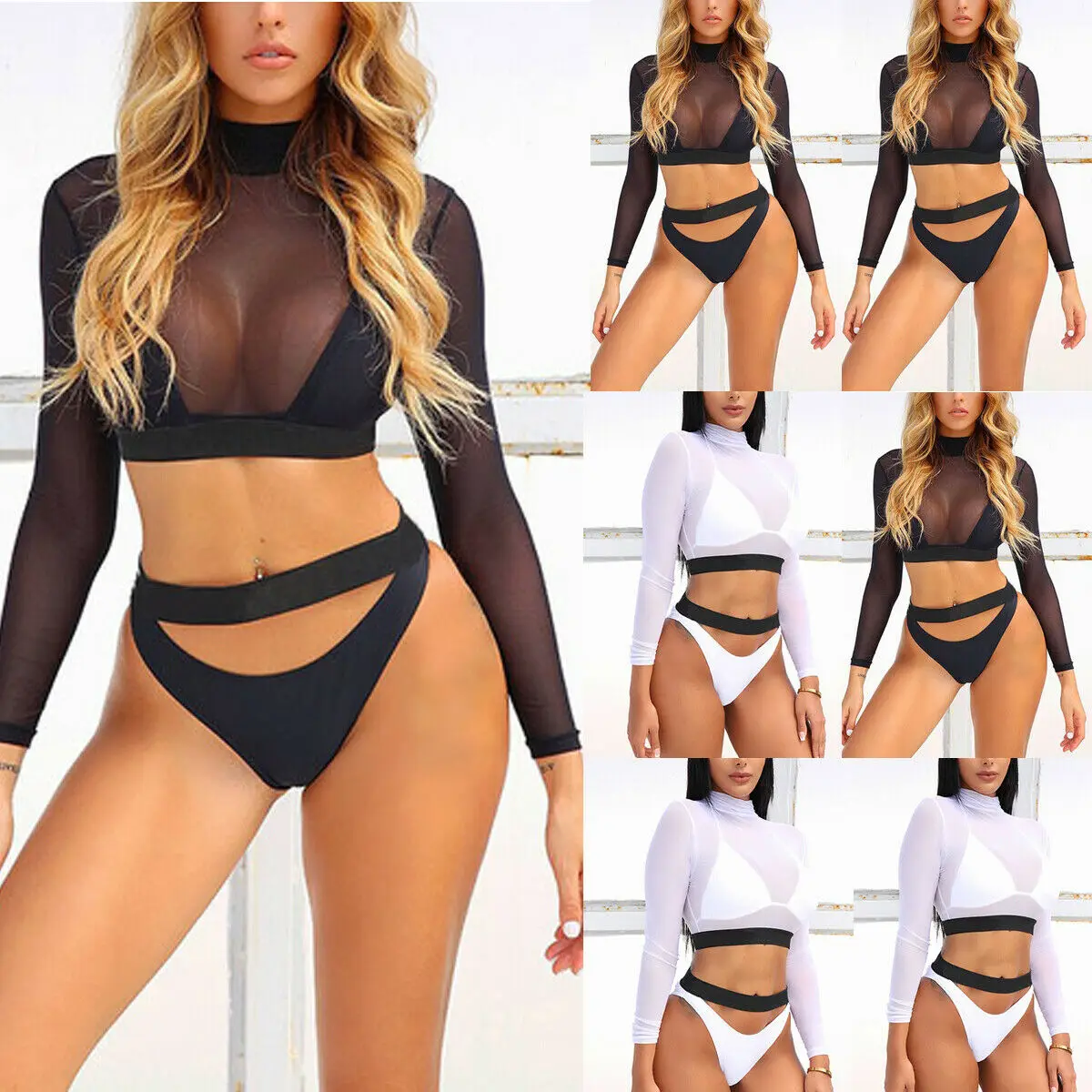 

Sexy Womens Perspective Long Sleeve Bandage Bikini Set Push-up Bathing Swimsuit Mesh Hollow Swimwear
