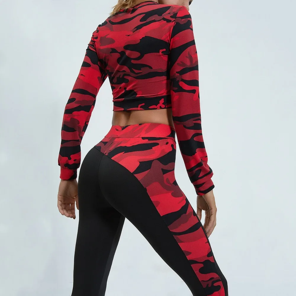 

Women Long Sleeve Fitness Workout Set Camouflage T-shirt Nous Athletic Yoga Exercise Clothing Gym Sport suit Crop Top Leggings