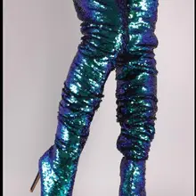 Мода блестками Peep Toe сапоги выше колена облегающие Женские ботинки для выступления ночной клуб облегающие блестками женские сапоги американский размер