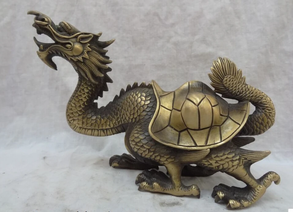 

JP S0610 10" Chinese Bronze Carved Wealth FengShui Dragon Turtle Statue Animals Suclpture