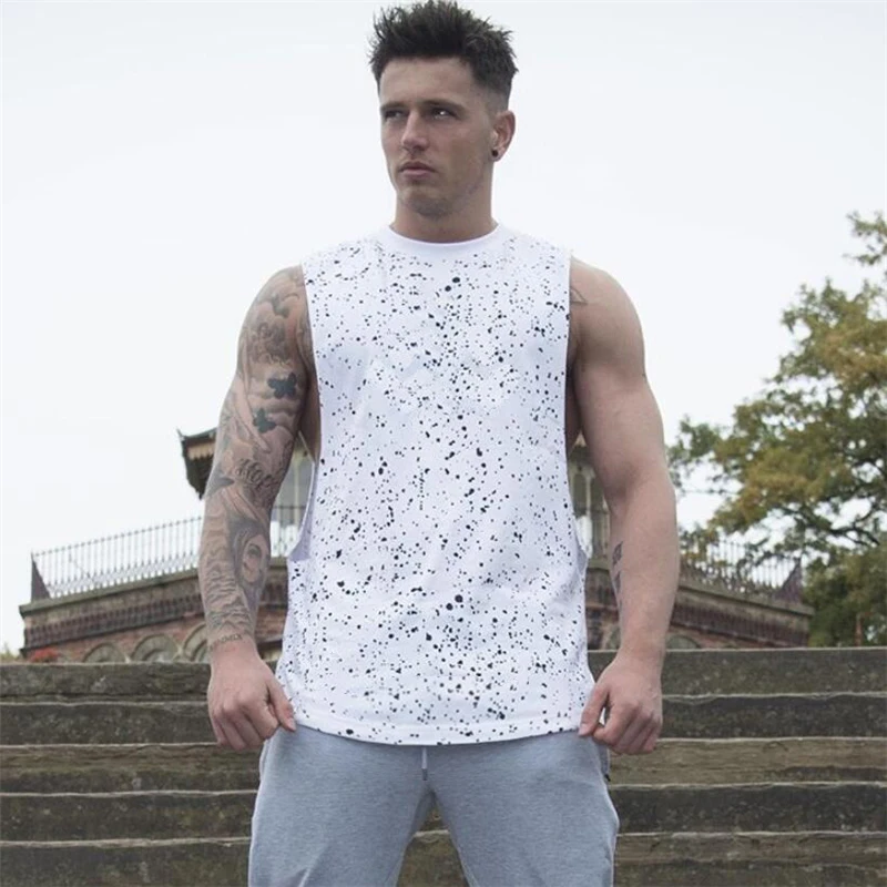 

New Splatter Dot Tank Top Men Gyms Clothing Bodybuilding Stringer Singlets Muscle Vest Cotton Fitness Dropped Armhoes Undershirt