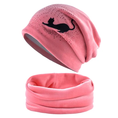 Зимняя шапка, шарф, наборы женских шапочек, вязаная шерстяная шапка Skullies В Стиле Хип-хоп, шапка со стразами, кошка, плюс бархатные теплые шапки для женщин - Цвет: Set Pink2