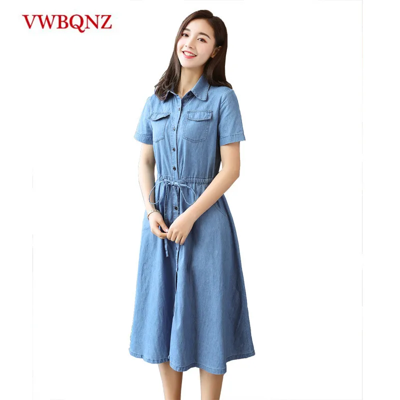 2018 Summer Women Jeans Dress Fashion Short Sleeve Pocket Vintage Lapel Denim Dress Girl Slim Thin A-Line Dress Casual Clothing