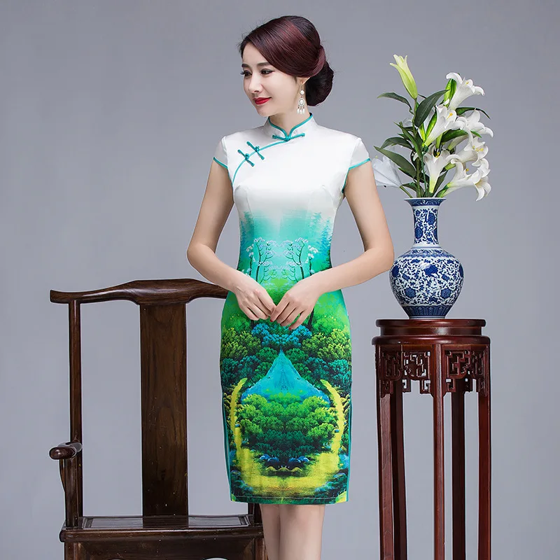 Летние новые женские сексуальные Qipao шелковые тонкие Cheongsam с коротким принтом воротник стойка женское элегантное китайское платье Vestidos