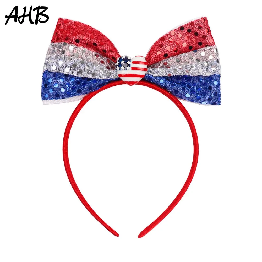 

AHB 4th of July Blue/White/Red Sequin Bowknot Hairband for Girls Striped Bows Headband for Women Kids Party Hair Accessories