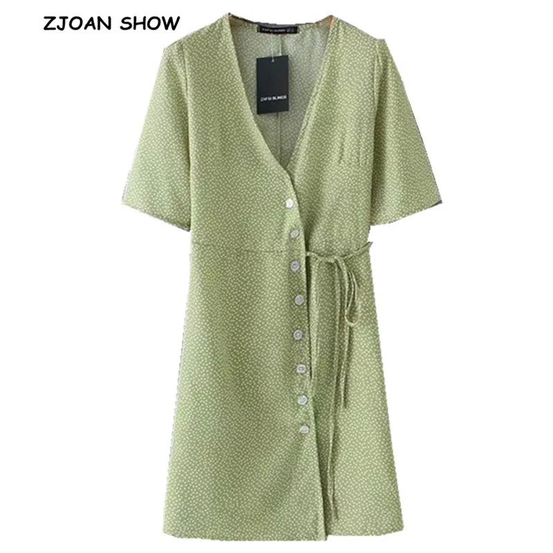 

French Cross V neck Dot Print Button Lace up Dress Retro 2019 Woman Short sleeve Front Split Mini Short Slim Summer Dresses