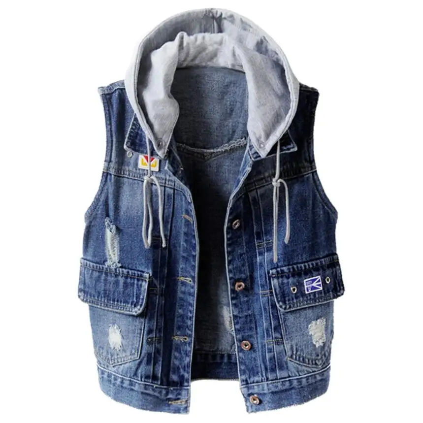 

Plus size 5XL!Hooded Collar Denim Vest Women All-match Jeans frayed Waistcoat Sleeveless
