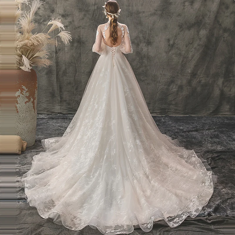Это YiiYa свадебное платье фонарь рукав Свадебные платья без спинки размера плюс белое кружево vestido de noiva G078