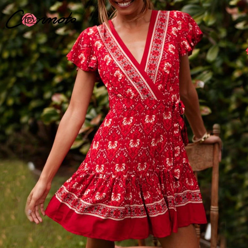 

Conmoto Vintage V Neck Red Print Short Women Dress 2019 Summer Casual High Waist Wrap Party Dress Beach Holiday Dress Vestidos