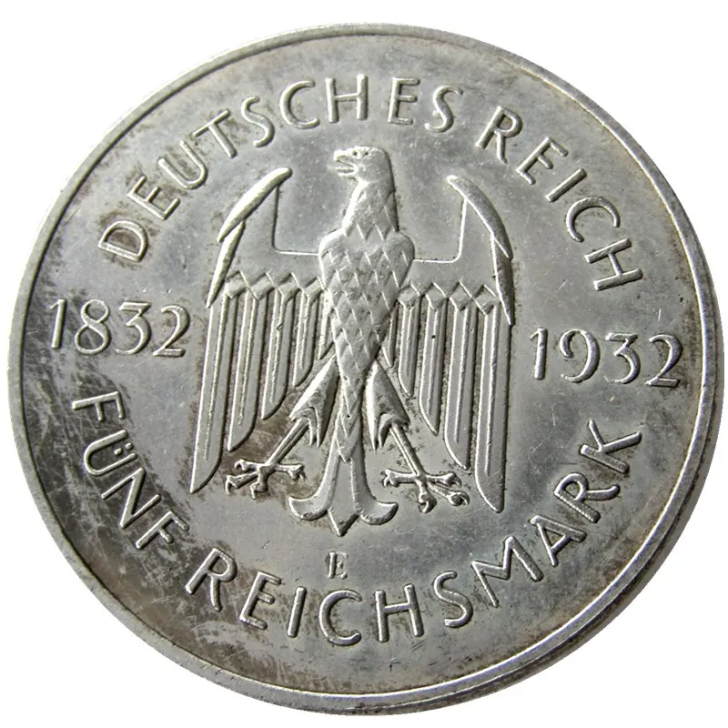 

Germany 1932-E 5 Reichsmark Goethe Copy Coins Silver Plated