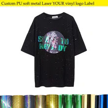 Изготовленный на заказ, мягкий золотой PU логотип виниловая пленка этикетки лазера футболки термоприклеивание, наклейки переводная картинка Костюмы эластичный нашивки с принтом