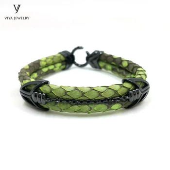 

Luxury Green Python Men Leather Bracelet Black Arrow Clasp Python Leather Bracelet For Men High-end Customize Bracelet Gift