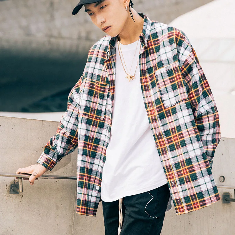 Мужская клетчатая рубашка Ulzzang Harajuku винтажная клетчатая рубашка с длинными рукавами Хлопковая мужская модная трендовая повседневная мужская одежда