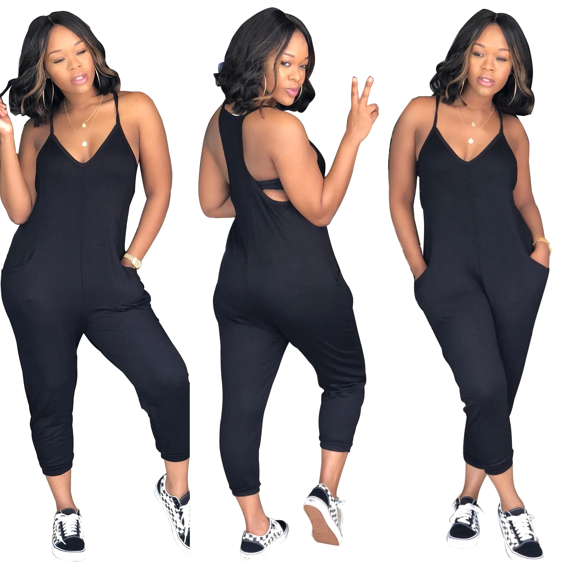 Sexy Straps Deep V Neck Solid Color Jumpsuit Plus Size 3XL big Women Playsuit Streched Summer Casual Rompers SMR9006 Jumpsuits and Playsuits