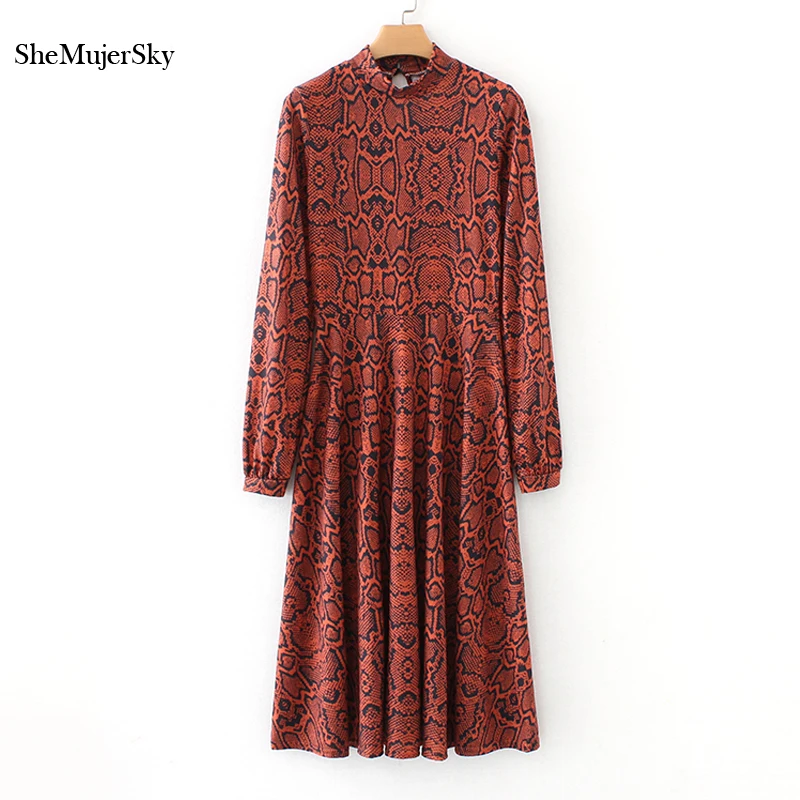 

SheMujerSky Snake Print Dress Autumn Long Sleeve Red Midi Dress Women Dresses 2018 bodycon