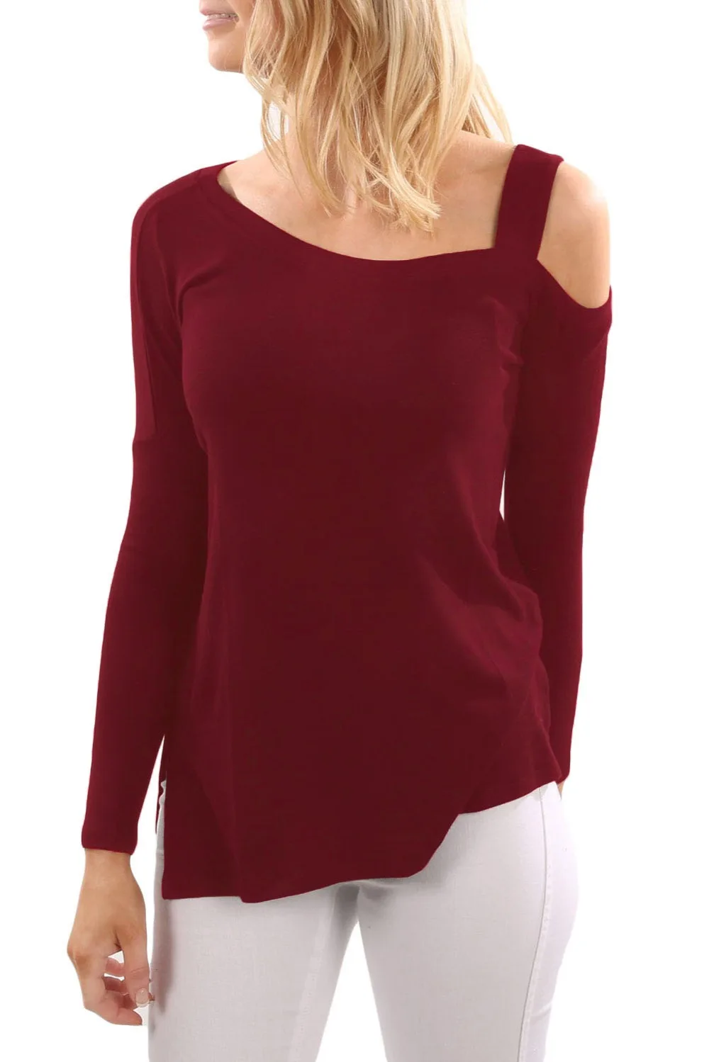 Claret-One-Shoulder-Long-Sleeve-Top-with-Slit-LC250286-3-1
