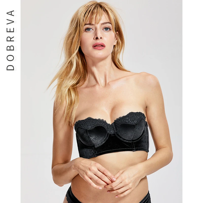DOBREVA Women's Velvet Lightly Padded Underwire Bandeau Strapless Bra