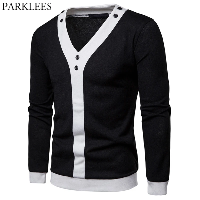 Black White Patchwork Knitted Sweater Men Casual Slim Fit