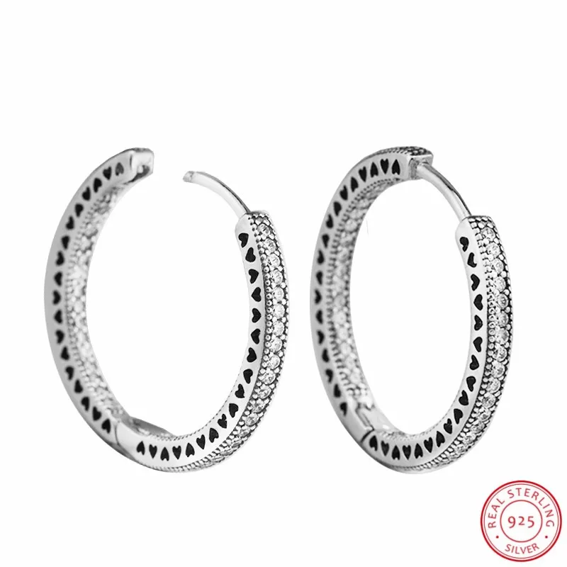 Привлекательные большие серьги-кольца из стерлингового серебра 925 пробы для женщин, украшенные блестящими прозрачными камнями и классическими вырезанными сердечками, FLE102