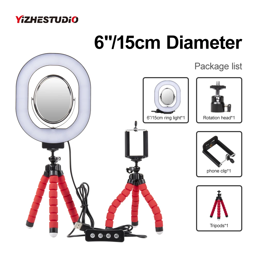 

Yizhestudio 6" LED Selfie Light ring Oval with makeup mirror brightness settings Shining for live video fill light or Home Photo