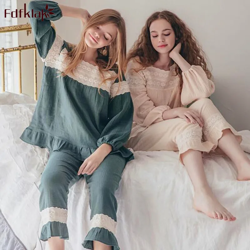

Fdfklak Korean style cotton pajamas for women autumn winter pyjamas set homewear sleepwear clothes student's pijama pyjama femme