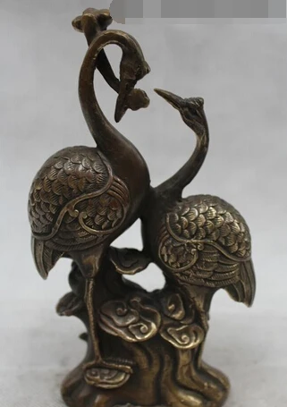 

free 8"Chinese Folk Feng Shui Bronze Two Red -Crowned Crane Hold Ru Yi Statue fast
