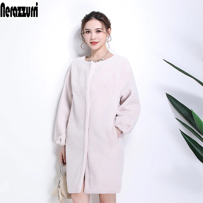 Nerazzurri Faux Fur Coat women drop shoulder thicken warm female fake sheared mink fur jackets plus size furry outwear 6xl 7xl