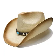 Retro Style Women's Men's Summer Straw Wide Brim Beach Cowboy Western Cowgirl Fedora Hat Turquoise Beads Leather Band 58cm