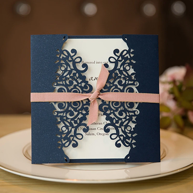 

50 Kit/Pack Ribbons Decoration Flower Laser Cut Pattern Invitations Cards For Wedding Blank Custom made inside Paper Convite